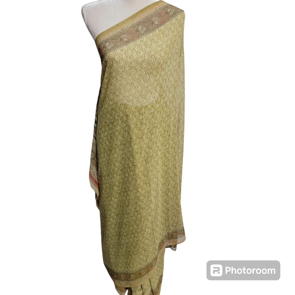 Green, brown, orange  yellow paisley print polyester saree/sari for party